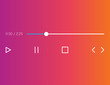 Audio player mockup in gradient background and flat icons. Music interface with play, pause, stop, next and previous icons. Sound ui bar template with radio button for listening mp3 music. Vector EPS