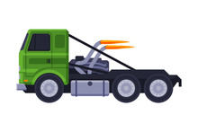 Green Racing Truck, Fast Heavy Sport Vehicle Freight Machine Flat Vector Illustration