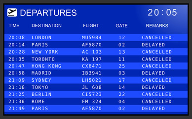 blue flight information display system in international airport, cancelled and delayed flights