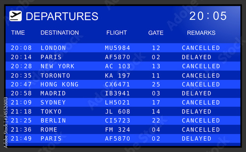 Fotomural Blue flight information display system in international airport, cancelled and d