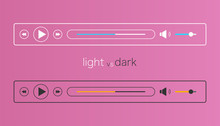 Audio Player Mockup In Light And Dark Mode. Media Controller Interface. Template For Music Ui. Web Layout In Simple Linear Flat Design. Audioplayer Bar With Play, Next And Sound Icons. Vector EPS 10.