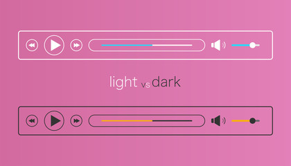 Audio player mockup in light and dark mode. Media controller interface. Template for music ui. Web layout in simple linear flat design. Audioplayer bar with play, next and sound icons. Vector EPS 10.