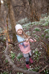 Little pretty girl in a clearing of snowdrops. A child walks in the spring forest.