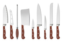Knives. Butcher Professional Sharp Handle Knives Kitchenware Restaurant Accessories For Cook Vector Closeup Isolated Pictures. Illustration Kitchenware For Butcher, Knife Tool