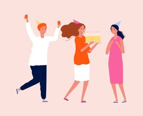 Canvas Print - Birthday celebrating. Friends with cake and drinks. Cute woman man on party vector illustration. Surprise and congratulation with present cake