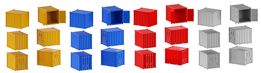 A high quality image of 10ft shipping containers on a white background with clipping path. Set Ten foot sea shipping containers 3d render