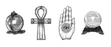 Mysterious And Occult Things,vector Illustration In Engraving Style. Magical Symbols Set.Sketches Of Esoteric Artefacts.