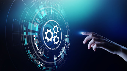 Gears mechanism on virtual screen. Automation and business process flow. Business and technology concept.