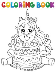 Sticker - Coloring book unicorn with cake 1