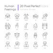 Human feelings pixel perfect linear icons set. Psychological treatment. Positive attitude. Customizable thin line contour symbols. Isolated vector outline illustrations. Editable stroke