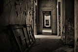 Fototapeta Uliczki - The door lies on the floor in an abandoned house