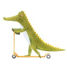 Beautiful Stock Illustration With Cute Watercolor Crocodile On Scooter. Baby Alligator Hand Drawn Painting.