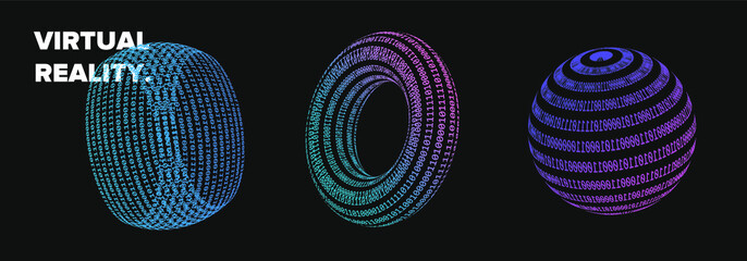 Poster - Set of 3d shapes made of binary code. Concept of virtual reality, artificial intelligence. Collection of vector elements for logotype, poster, cover design in vaporwave and synthwave style.