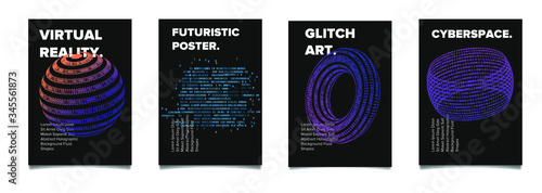 Fotografía Set of vaporwave and synthwave style posters with binary code and 3d figures