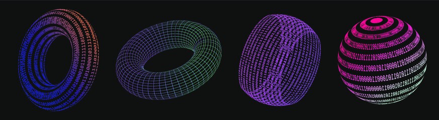 Poster - Set of 3d shapes made of binary code. Concept of virtual reality, artificial intelligence. Collection of vector elements for logotype, poster, cover design in vaporwave and synthwave style.