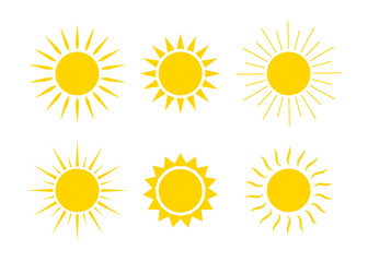Wall Mural - sun logos. icons of sunrise, sunset with sunbursts. cute drawing of sunshine for kids. happy spring,