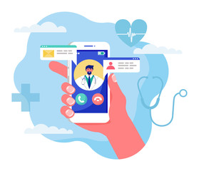 Online medicine concept vector illustration. Cartoon flat human hand holding smartphone with video call to doctor character on screen, using mobile advise or consultation service app isolated on white