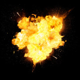 Fototapeta  - Fiery bomb explosion with sparks isolated on black background. Fiery detonation.