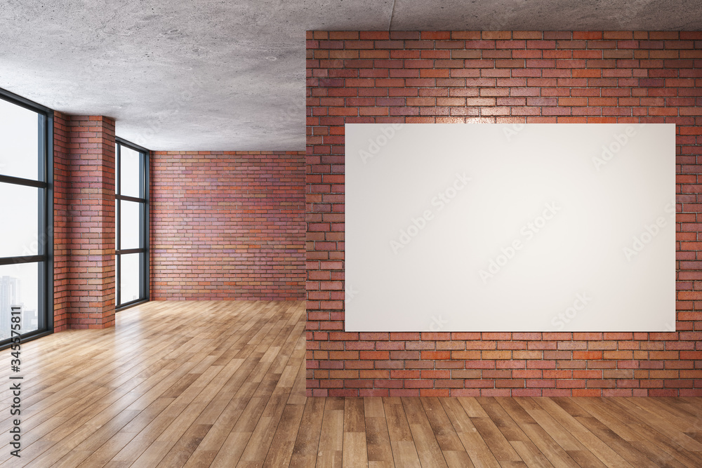 Modern red brick room with blank poster on wall. - obrazy, fototapety, plakaty 