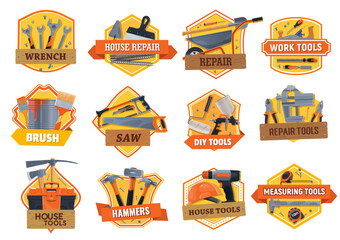 Sticker - Work tools construction, house repair, building and renovation DIY toolbox, vector icons. Home remodeling work tools, carpentry hammer, woodwork saw and painting brush, masonry saw and drill