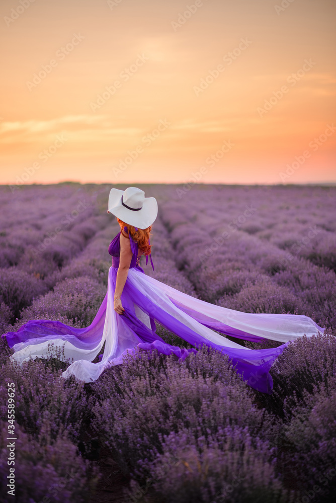 Young redhead woman in luxurious purple dress standing in lavender field,  rear view Stock-foto | Adobe Stock