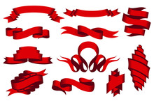 Collection Of Curved Ribbons Set. Red Web Banner Template For Sale Promotion Or Another Market Promotion. Vector Design Illustration