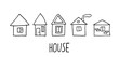 Hand drawn doodle house. Black stroke. house with chimney and smoke, bricks.