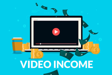 Poster - Earn money on videos online - Laptop computer with video player on screen, coins, coffee and money around. Blue background. Passive income, ad revenue and extra cash concept. Vector illustration.