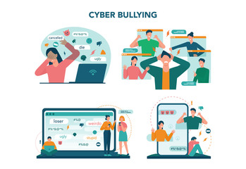 Cyberbullying concept set. Online harassment with unfriendly mean