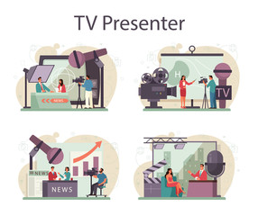 Wall Mural - TV presenter concept set. Television host in studio. Broadcaster speaking