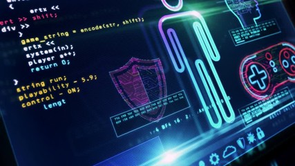 New game create and code on computer screen. Cyber video gaming, digital esport and programming computer play concept 3d animation with glitch effect.