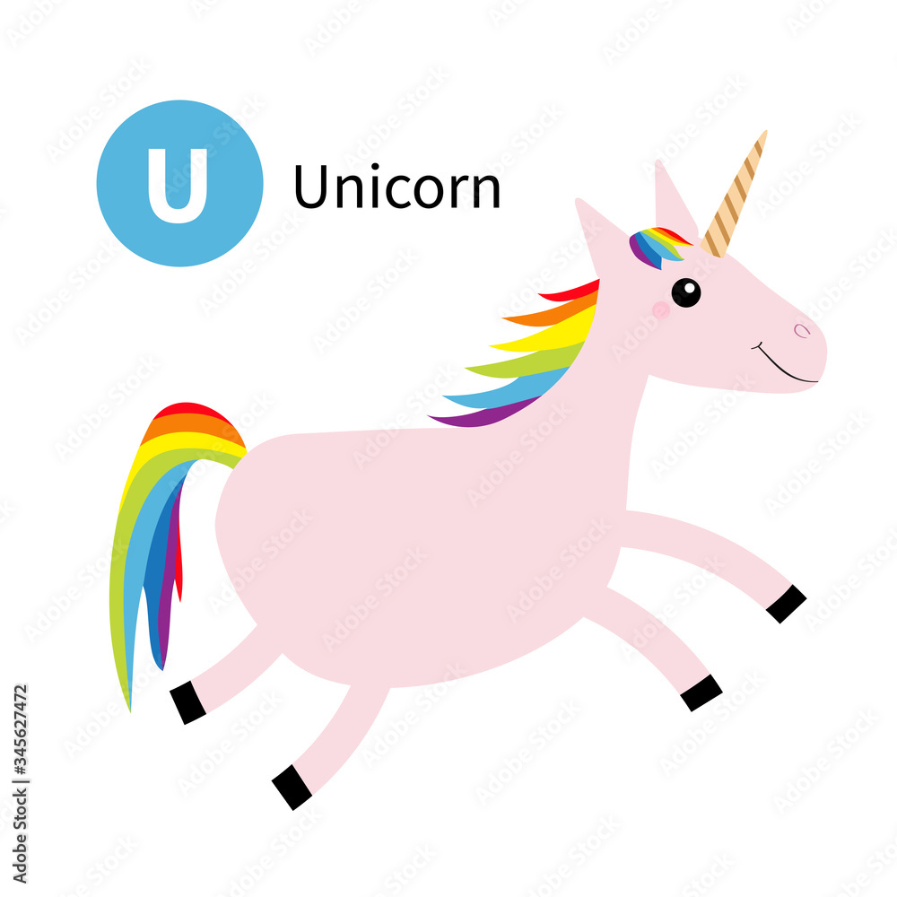 Letter U. Unicorn. Zoo animal alphabet. English abc with cute cartoon ...