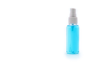 Wall Mural - transparent blue alcohol gel in spray bottle in white background