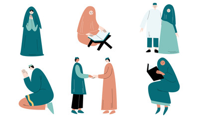 Wall Mural - Set of muslim women and men in traditional clothing in everyday life vector illustration