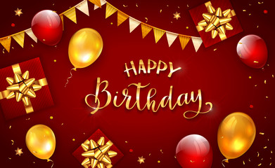 Poster - Decorations with Gifts and Balloons on Red Birthday Background