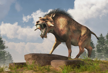 Fototapete - The Entelodon, or hell pig, is an extinct prehistoric pig or boar-like mammal that lived during the Eocene and Miocene, depicted in a landscape. 3D Rendering
