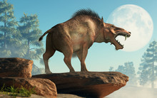 The Entelodon, Or Hell Pig, Is An Extinct Prehistoric Pig Or Boar-like Mammal That Lived During The Eocene And Miocene, Depicted In A Landscape. 3D Rendering
