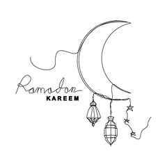 Wall Mural - Continuous line drawing of islamic decoration with lanter, star, and moon. Single line art of ramadan kareem greeting card concept. Vector illustration