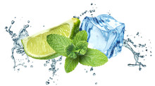 Ice Cubes, Mint Leaves, Water Splash And Lime On A White
