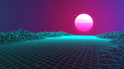 Cyberpunk background. Neon perspective grid landscape. Pink sunset. 80s vector sun. Old grain or scratches effect. 3d virtual space. Retro future valley with mountains. Synthwave party flyer template