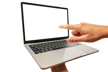 Wall Mural - hand holding laptop and point at the digital screen monitor, businessman presentation to teamwork co