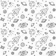 Rocket, satellite and moon among different planets, galaxies and stars on a white. Vector seamless pattern for kids wallpaper, wrapping paper, packaging, printing on clothes fabric and textile	
