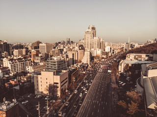 Aerial sunset view on big city. Big buildings with streets