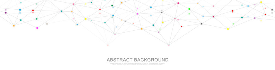 Website header or banner design with abstract geometric background and connecting dots and lines. Global network connection. Digital technology with plexus background and space for your text.