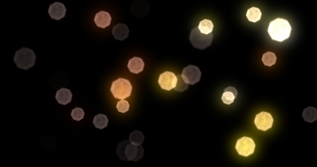 Wall Mural - Bokeh light gold shine glares and particles glitter background. Abstract golden bokeh light sparkles, glowing shiny defocused light blur spots on black background