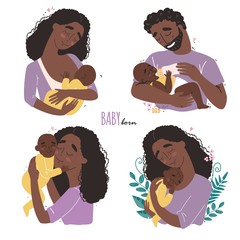 Wall Mural - Young Black african american happy parents hug their newborn baby