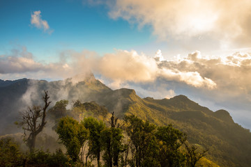 Beautiful of multiple mountains valley at sunrise in the morning at Phu chi Duen, Chiang Rai Province, Thailand