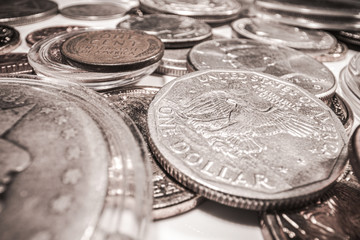 Close Up Of American Silver Coin Currency Spread On Table.