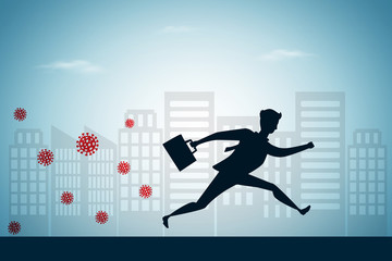 Viruses escape concept, businessman running with city background