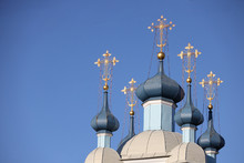 Christian Church With Golden Crosses On A Background Of Blue Sky, Sampson Cathedral In St. Petersburg, Russia